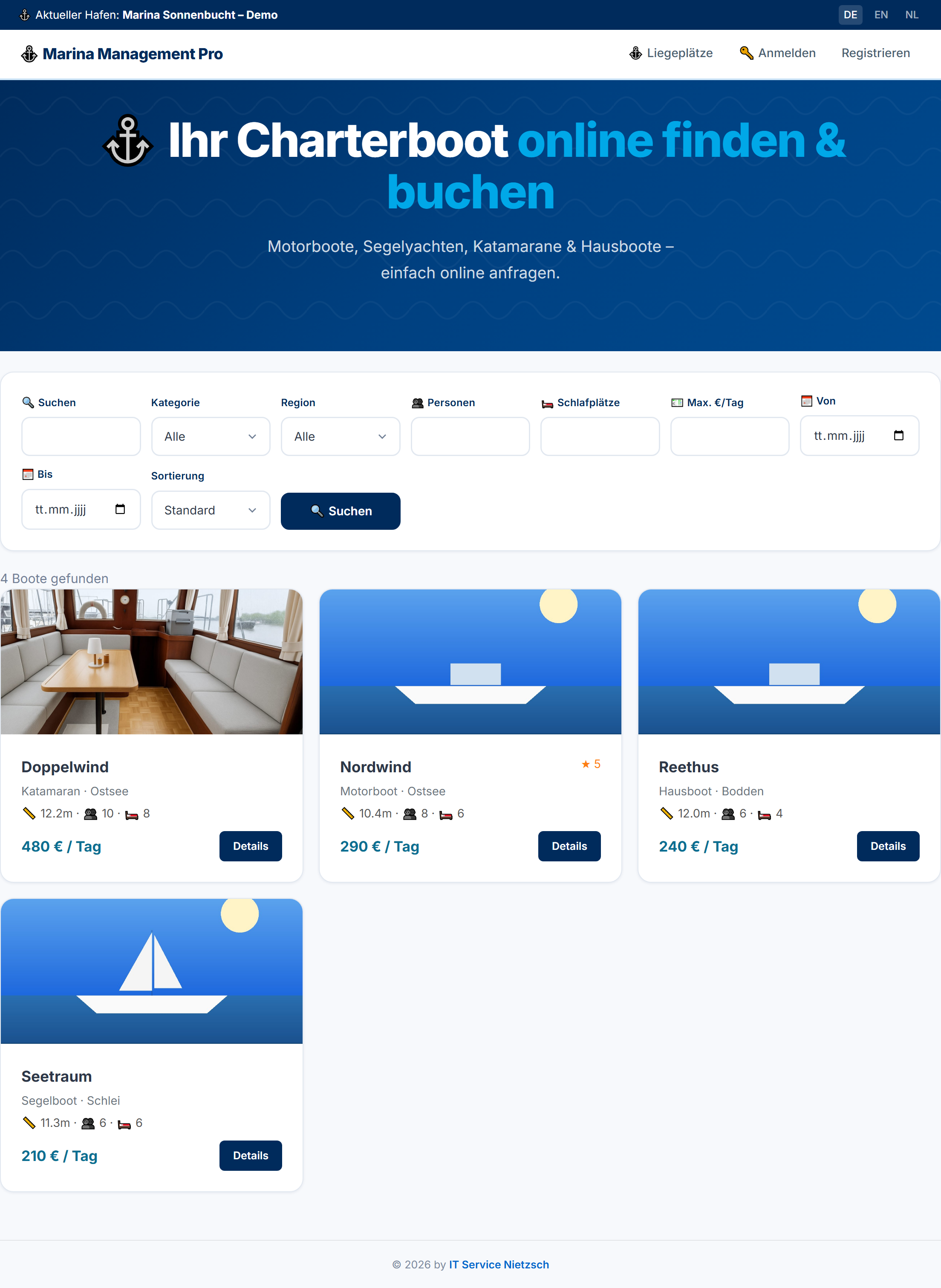 Charterboot-Übersicht im Kundenportal mit Filter, Kategorien und Preisen